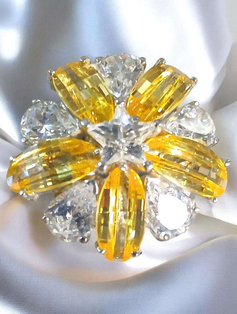 Yellow and Clear Flower Statement Ring - Women Jewelry Sterling Silver